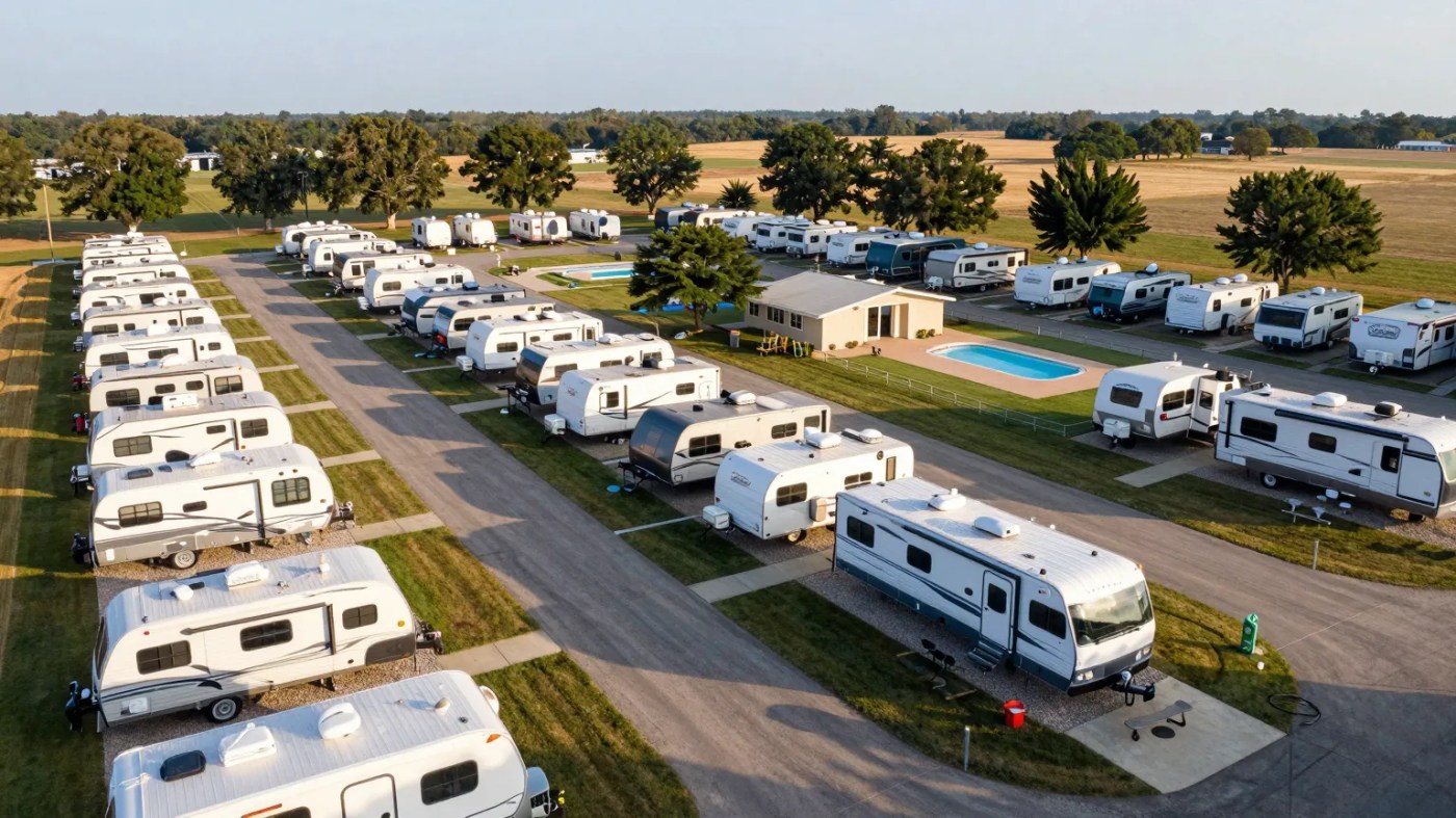 Aerial view of a well-kept RV park with rows of RV sites, paved roads, mature shade trees, a clubhouse and pool