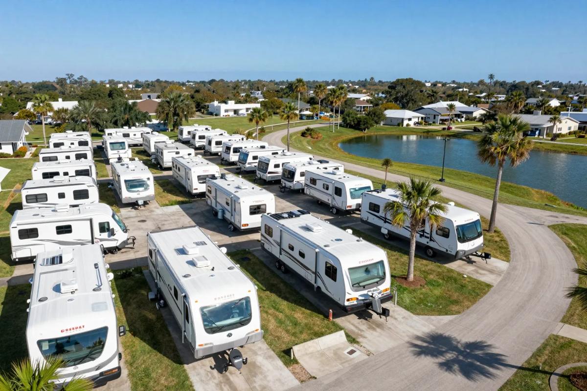 Aerial view of an RV resort with paved pads and a lake