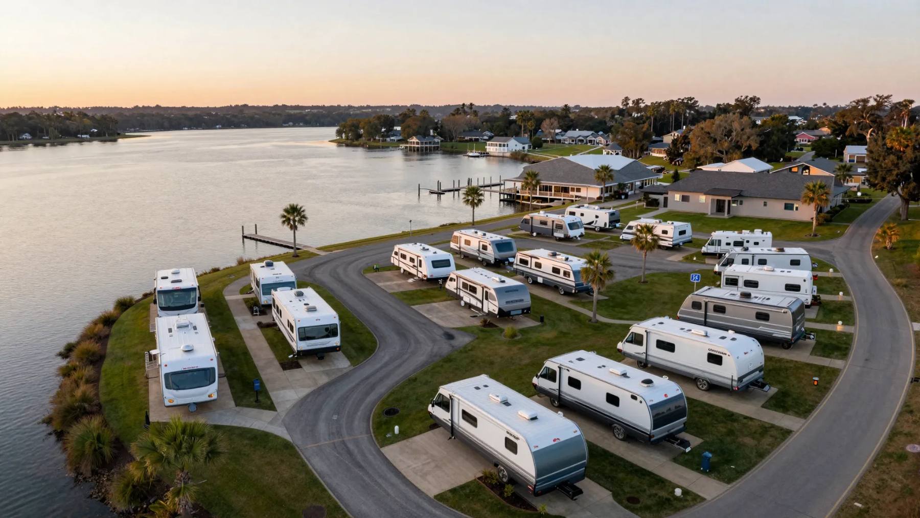 Aerial view of a lakefront RV resort at sunset